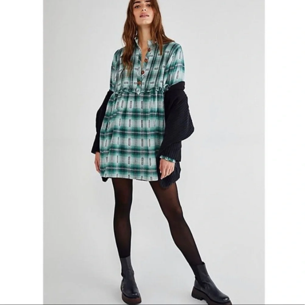 Free People Redwood Flannel Mini Dress Green - Picture 2 of 16
